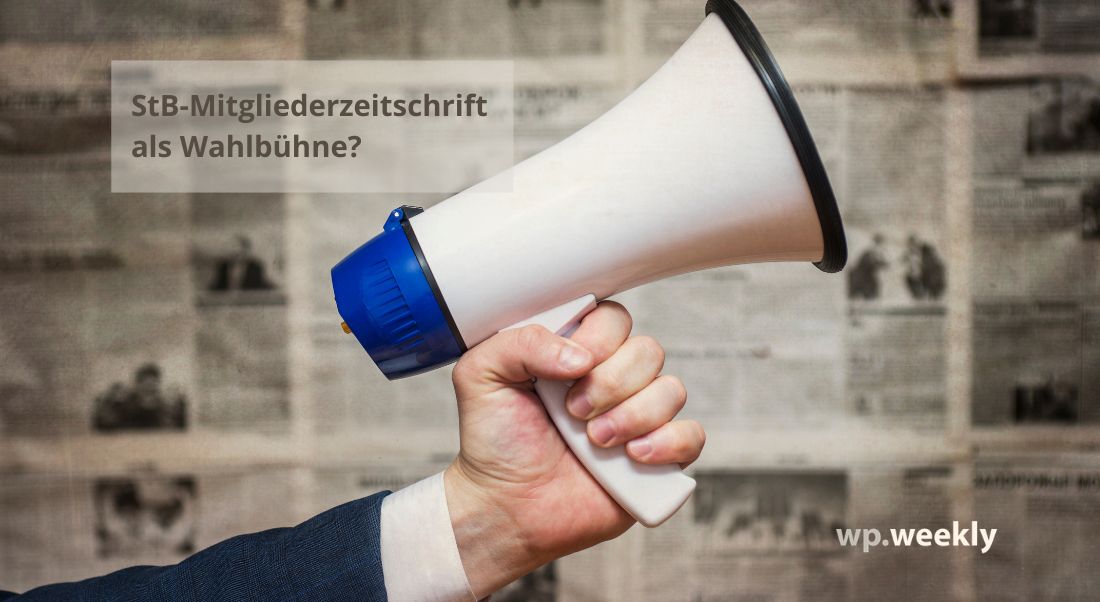 Beitragsbild zum wp.weekly vom 26.06.2026: Missbraucht der Kölner Steuerberater-Verbandspräsident Gero Hagemeister das von allen bezahlte allgemeine Mitgliederjournal unrechtmäßig als Wahlwerbung für die Marcus Tuschen Liste – nur eine Liste, auf der er auch selbst kandidiert? Von André Hintz, Einführung von Michael Gschrei